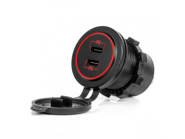 Dual USB C auto lader12/24V 6.0A max rood verlicht 