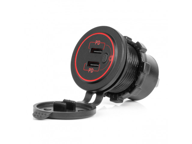 Dual USB C auto lader12/24V 3.0A max rood verlicht met aan-uit schakelaar