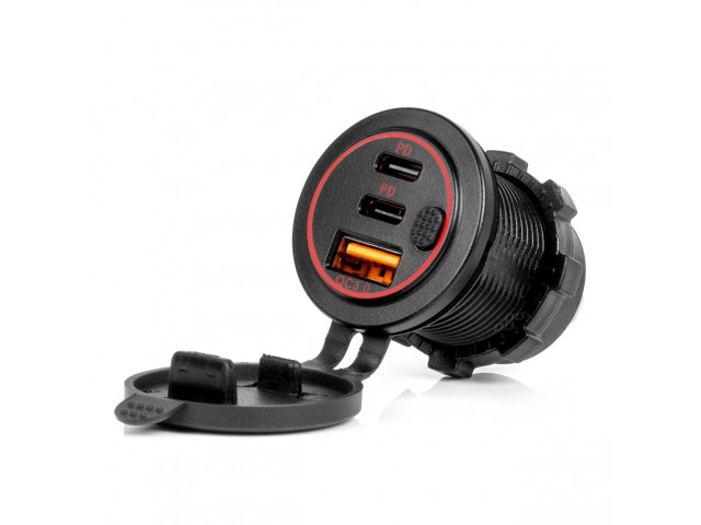 Autolader met aan-uit schakelaar, rode LED-achtergrondverlichting, USB + 2xUSB C QC3.0 12/24V