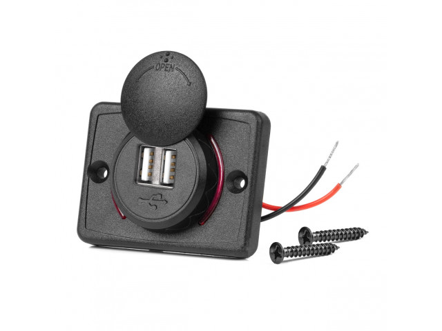 Vierkante waterdichte lader met rode LED-achtergrondverlichting, 2xUSB, 12/24V (64x48mm)