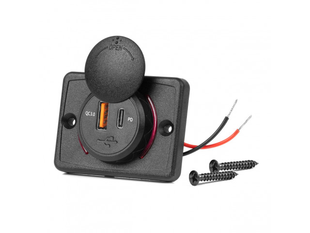 Vierkante waterdichte lader met rode LED-achtergrondverlichting, USB + USB C QC3.0, 12/24V (64x48mm)