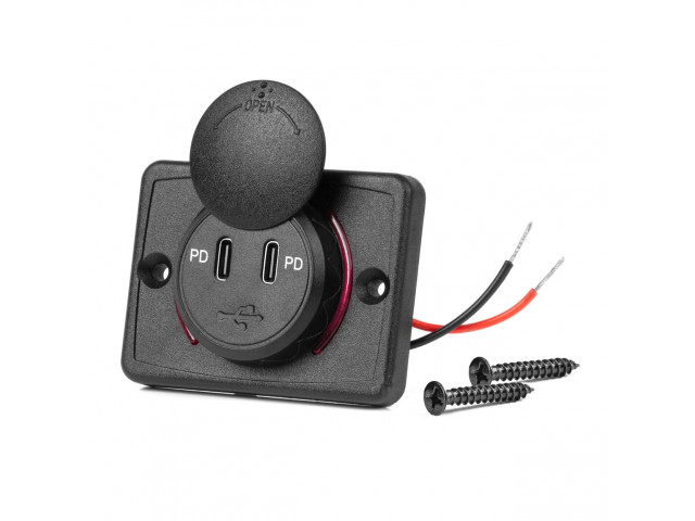Vierkante waterdichte lader met rode LED-achtergrondverlichting, 2x USB C, 12/24V (64x48mm)