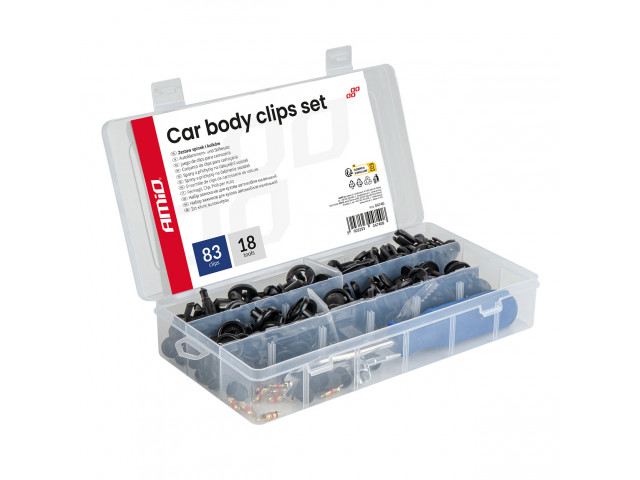 Set met 83stuks Automotive clips en bevestigingspinnen en gereedschap