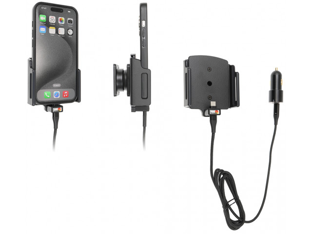 Apple iPhone 15 / 15 Pro , Actieve verstelbare  houder met 12V USB SIG-Plug 70-83mm