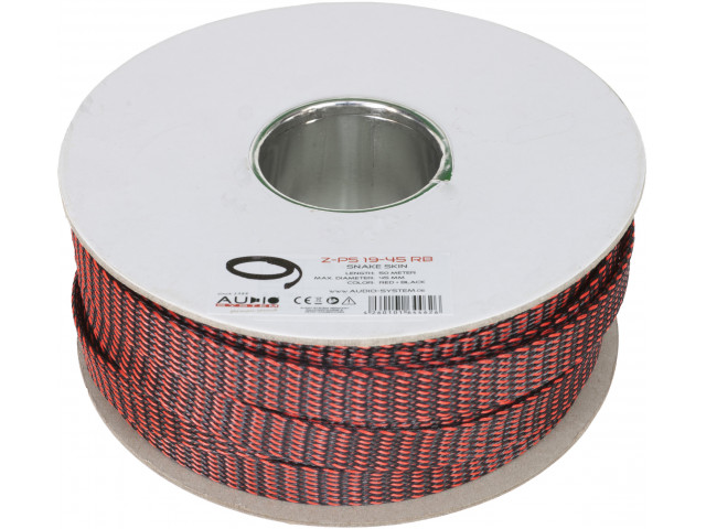 AUDIO SYSTEM Professionele gevlochten kous. Rol van 50 mtr. Diameter 19 tot 45 mm Rood/Zwart