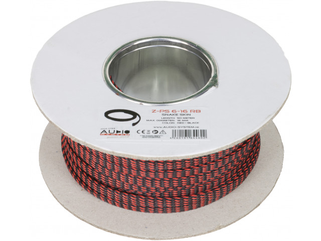 AUDIO SYSTEM Professionele gevlochten kous. Rol van 50 mtr. Diameter 13 tot 30 mm Rood/Zwart